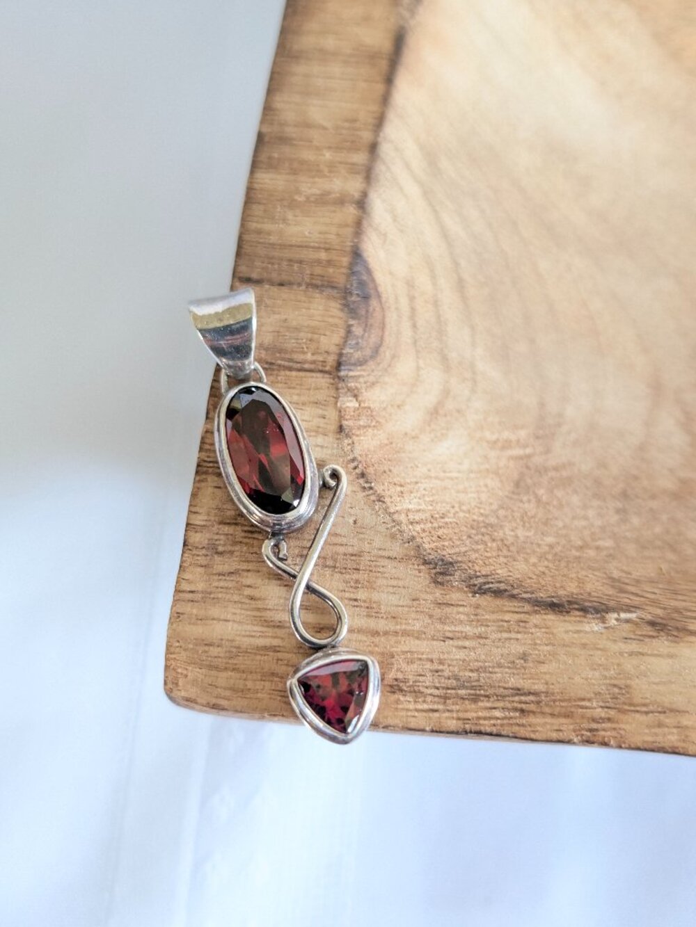 Vintage Sterling Silver Garnet Slide Pendant 2"- Oval Trillion Gemstones